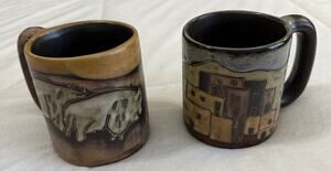Mara Mexico Pottery Mugs Set of 2 Heavy Southwest Folk Art Signed